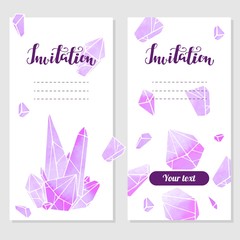 Invitation card with watercolor crystals. Crystal poster, invitation. Vector greeting card or invitation with geometric pink crystals. Hand drawn illustration with calligraphy.