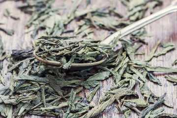 Spoon of dried green tea leaves on wooden background