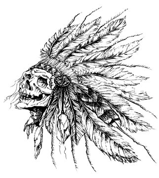 Native American peple in national hat,skull,tattoo on a white background