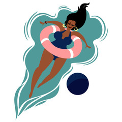 Body-positive plus size cute girl in swimsuit on an inflatable swimming ring takes a sunbath in the pool  nearby the sea