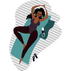 bodypositive plus size cute girl in a violet  leotard with a drinking water bottle  doing yoga on the yoga mat