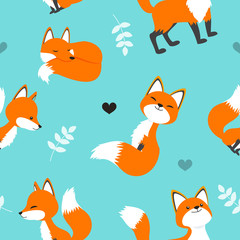 Cute red fox seamless pattern vector illustration. Cartoon fox on Turquoise color background.
