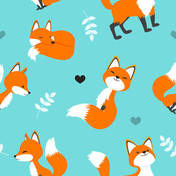 Cute Red Fox Seamless Pattern Vector Illustration. Cartoon Fox On Turquoise Color Background.