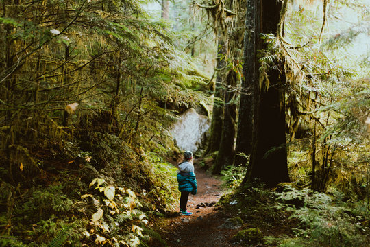 Young girl standing in the middle of a forest