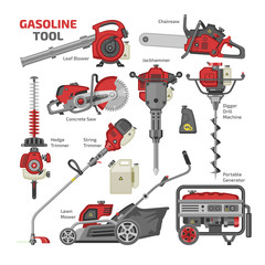 Power tools vector electric construction equipment circular-saw and gardening lawn mower trimmer leaf-blower illustration machinery set of jackhammer drill machine isolated on white background