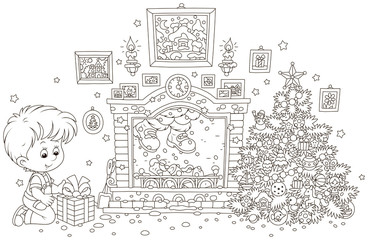 Little boy with his gift near a decorated Christmas tree, a fireplace and Santa who hid in a chimney, black and white vector illustration in a cartoon style for a coloring book