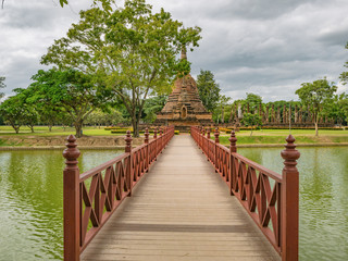 Wooden Bridge in sukhothai historical park,Sukhothai city Thailand