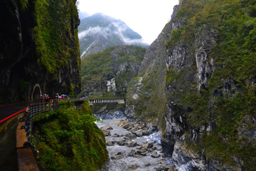 Travel Taiwan, Asia. Taroko National Park, famous tourist attraction Taroko Gorge and landscape view of Swallow Groto and Tunnel of Nine Turns. Popular tourist attractions.