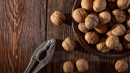 Shelled walnuts. On a wooden table. Top view