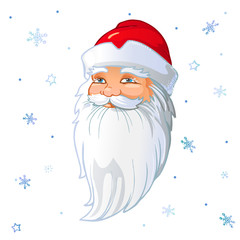 Russian Santa Claus Head in white background with snowflakes. Vector cartoon illustration