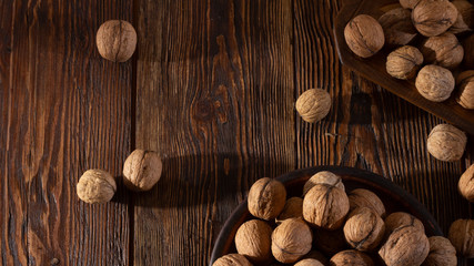 Shelled walnuts. On a wooden table. Top view