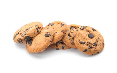 Pile of tasty chocolate chip cookies on white background