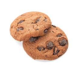 Tasty chocolate chip cookies on white background