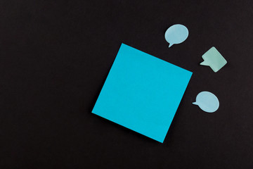 Blue Blank Sticky Note on black background , One big paper sheet background. Copy Space. three...