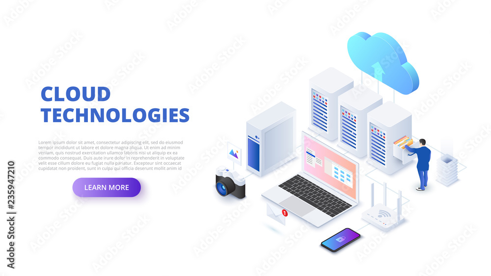 Aufkleber cloud technologies design concept with people. isometric vector illustration. landing page template 