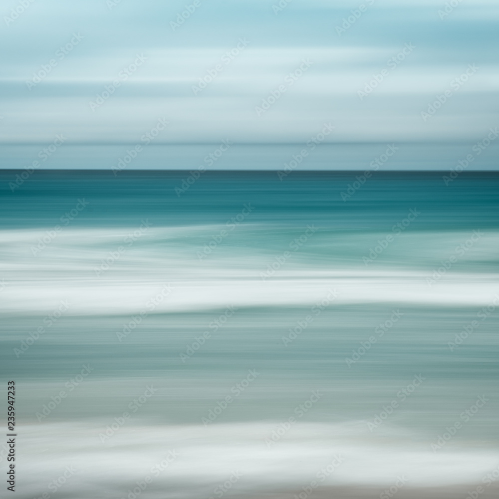 Poster empty sea and beach background with copy space, long exposure, blur motion blue abstract vintage tin