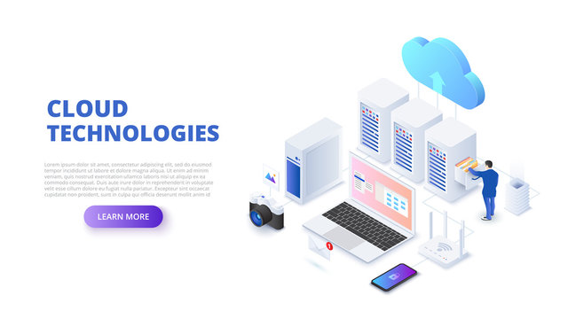 Cloud technologies design concept with people. Isometric vector illustration. Landing page template for web.