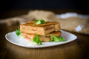 hot double sandwich with lettuce leaves and stuffed in a plate