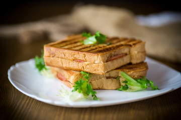 hot double sandwich with lettuce leaves and stuffed in a plate