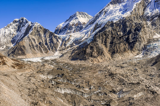 Himalayas peaks Lingtren, Khumbutse, over Khumbu Glacier in Nepal