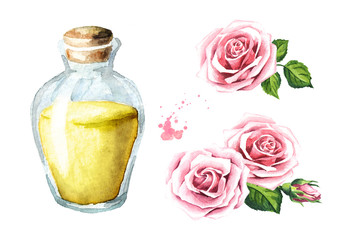 Pink rose flower and essential oil set. Spa and aromatherapy. Watercolor hand drawn illustration,  isolated on white background