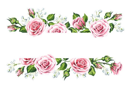 Pink rose flower and gypsophila background. Watercolor hand drawn isolated illustration