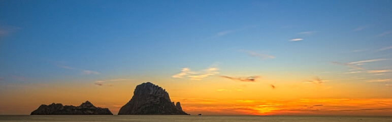 Panoramic of the island of Es Vedra at sunset, Ibiza