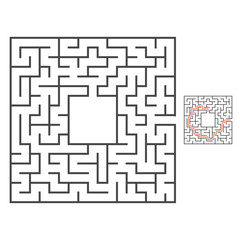 Abstract square maze. Game for kids. Puzzle for children. Labyrinth conundrum. Flat vector illustration. With answer. With place for your image. Find the right path.