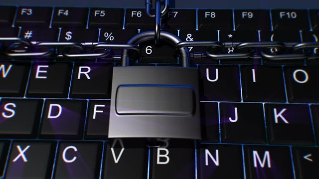 Metallic open lock with 3 chains attached is closed, changing the red lighting to blue and a blue backlight to the keyboard to illuminate, indicating a threat has been secured.