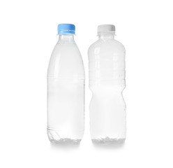 Two plastic bottles on white background. Recycle concept