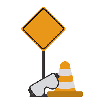 Road sign and glasses with traffic cone