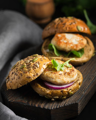 Burger. Grain bread with chicken cutlet. Proper nutrition for weight loss