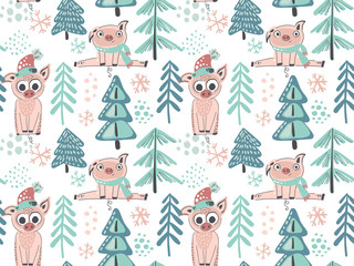 Vector seamless pattern with cute piglets