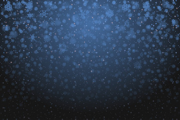 Christmas snow. Falling snowflakes on deep blue background. Snowfall. Vector illustration, eps 10.