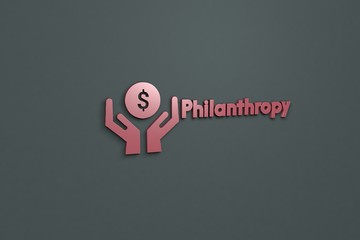 3D illustration of Philanthropy, red color and red text with grey background.