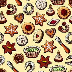 Hand-painted Christmas seamless texture with sweet desserts and cookies.