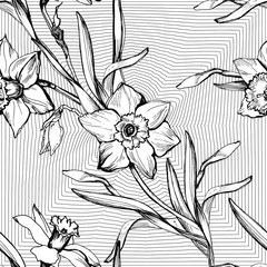 Floral  seamless patternwith hand drawn flowers Daffodils. Monochrome botanical elements on geometric background. For textile, fabric, wallpaper, packaging, interior design, greeting card design. 