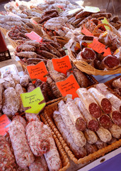 FRENCH SAUSAGES ON STALL IN FRENCH MARKET