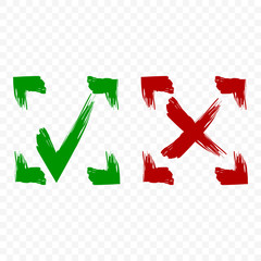 Icon of acceptance and rejection. Tick and cross symbol in square frame on transparent background. Brush strokes. Isolated vector.