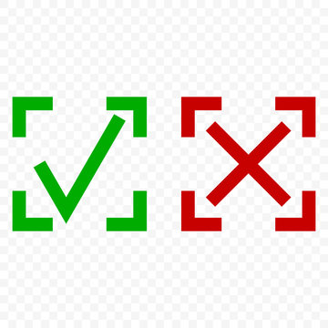 Icon of acceptance and rejection. Tick and cross symbol in square frame on transparent background. Isolated vector.