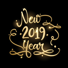 Golden sign New 2019 Year - Holiday Vector Illustration. Shiny Gold Lettering Composition With Sparkles.