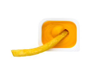 Fried potatoes in cheese sauce. One slice of french fries in cheese sauce.