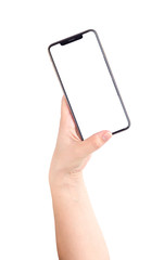 Smartphone with a blank white screen. New popular smartphone in hand on white background.