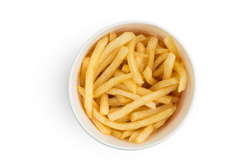 French fries in carton. Ready french fries in a cardboard bucket. Top view.