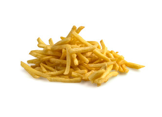 French fries on a white background. A pile of finished french fries close-up on a white background.