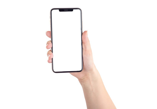 Smartphone with a blank white screen. New popular smartphone in hand on white background.