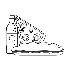 Soda bottle and pizza with sandwich black and white