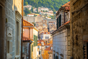 Medieval narrow street in old town of Dubrovnik, Croatia