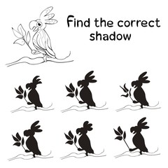 Find the correct shadow, children`s educational game, silhouette of parrot