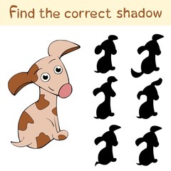 Find the correct shadow, children`s educational game, silhouette of cute dog